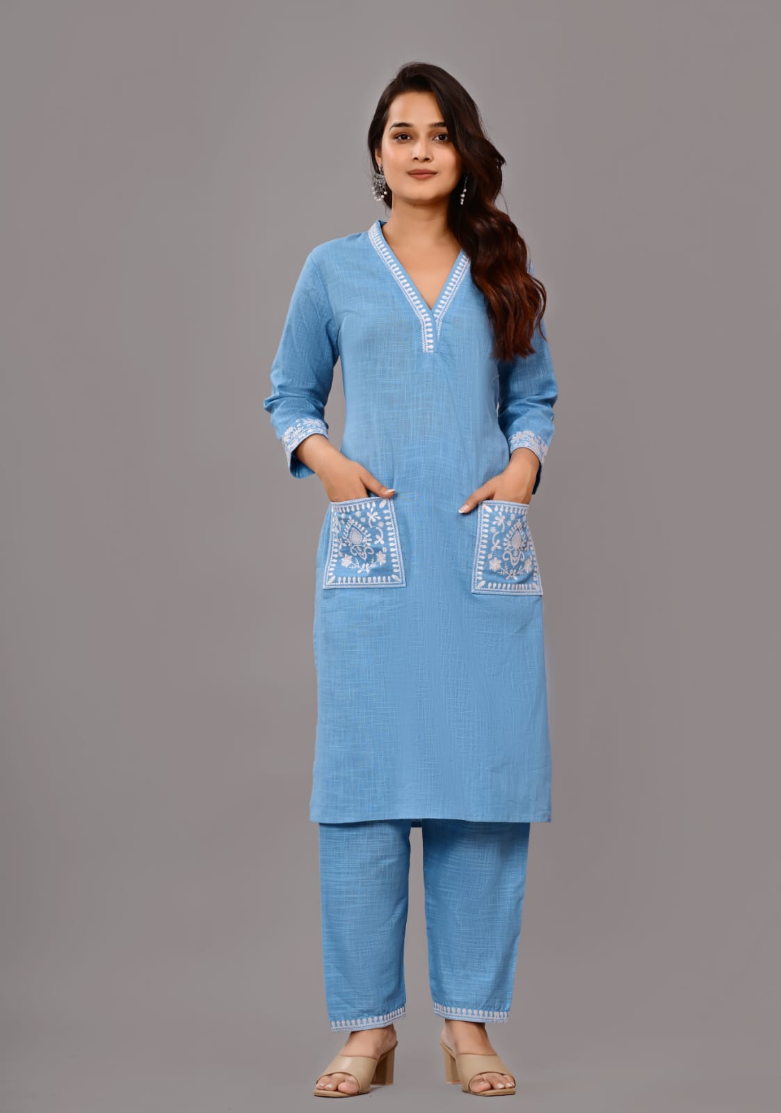 Women’s Sky Blue Embroidered Cotton Kurta Set with Straight Pants