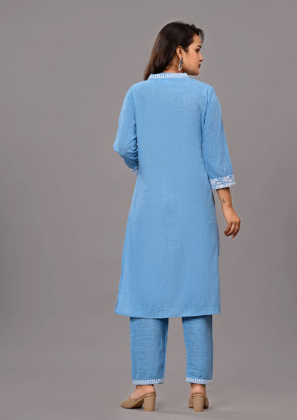 Women’s Sky Blue Embroidered Cotton Kurta Set with Straight Pants