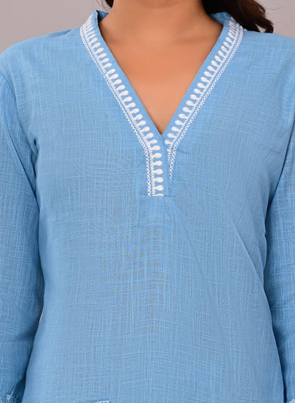 Women’s Sky Blue Embroidered Cotton Kurta Set with Straight Pants