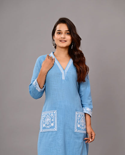 Women’s Sky Blue Embroidered Cotton Kurta Set with Straight Pants