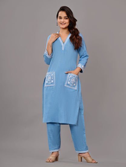 Women’s Sky Blue Embroidered Cotton Kurta Set with Straight Pants