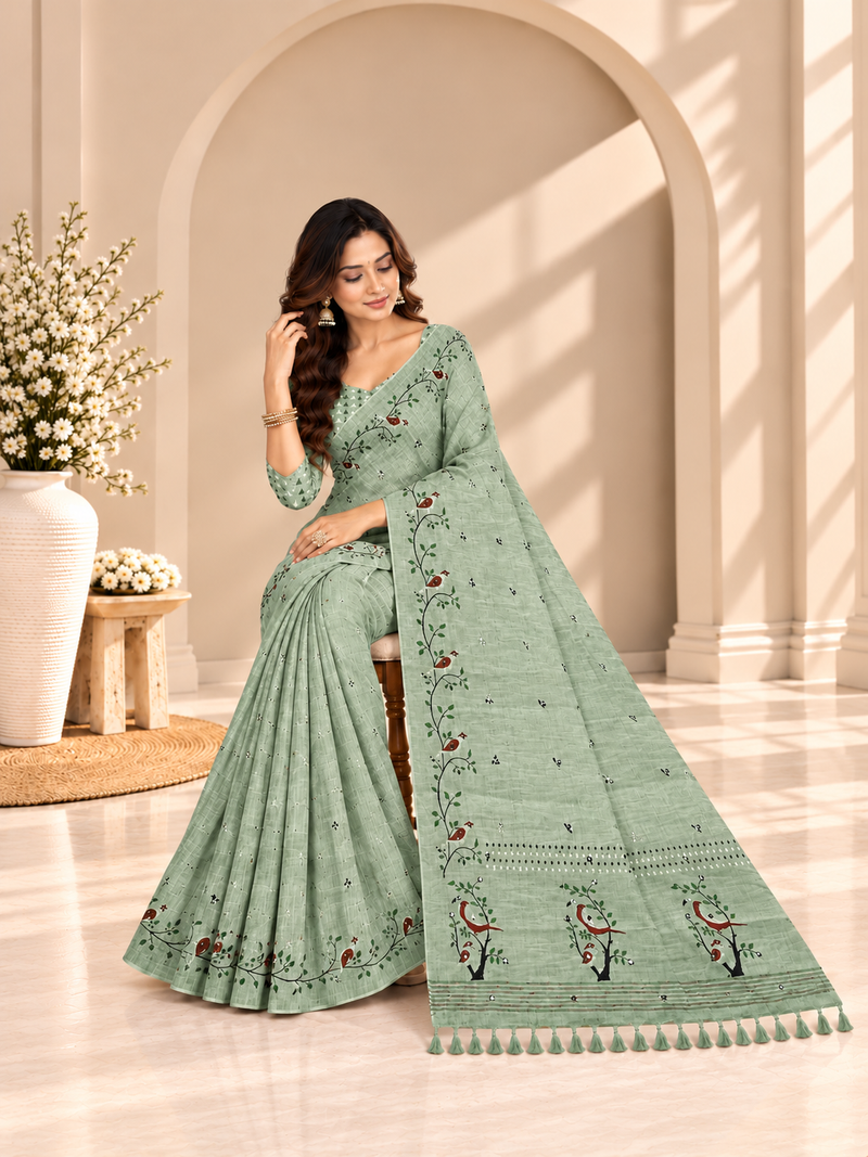 Sage Green Floral Printed Linen Saree
