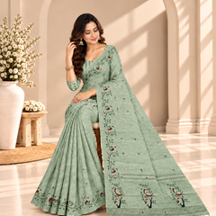 Sage Green Floral Printed Linen Saree