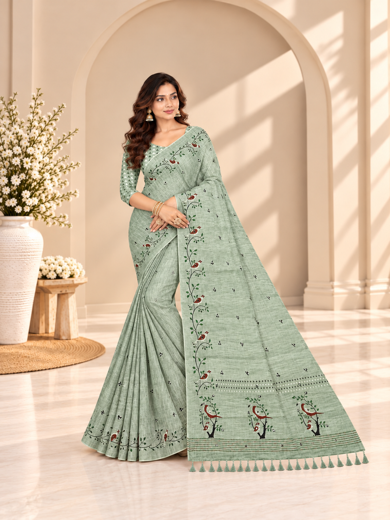 Sage Green Floral Printed Linen Saree
