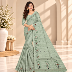 Sage Green Floral Printed Linen Saree