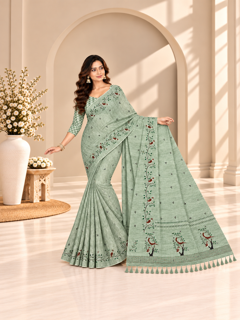 Sage Green Floral Printed Linen Saree