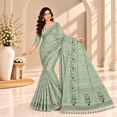Sage Green Floral Printed Linen Saree