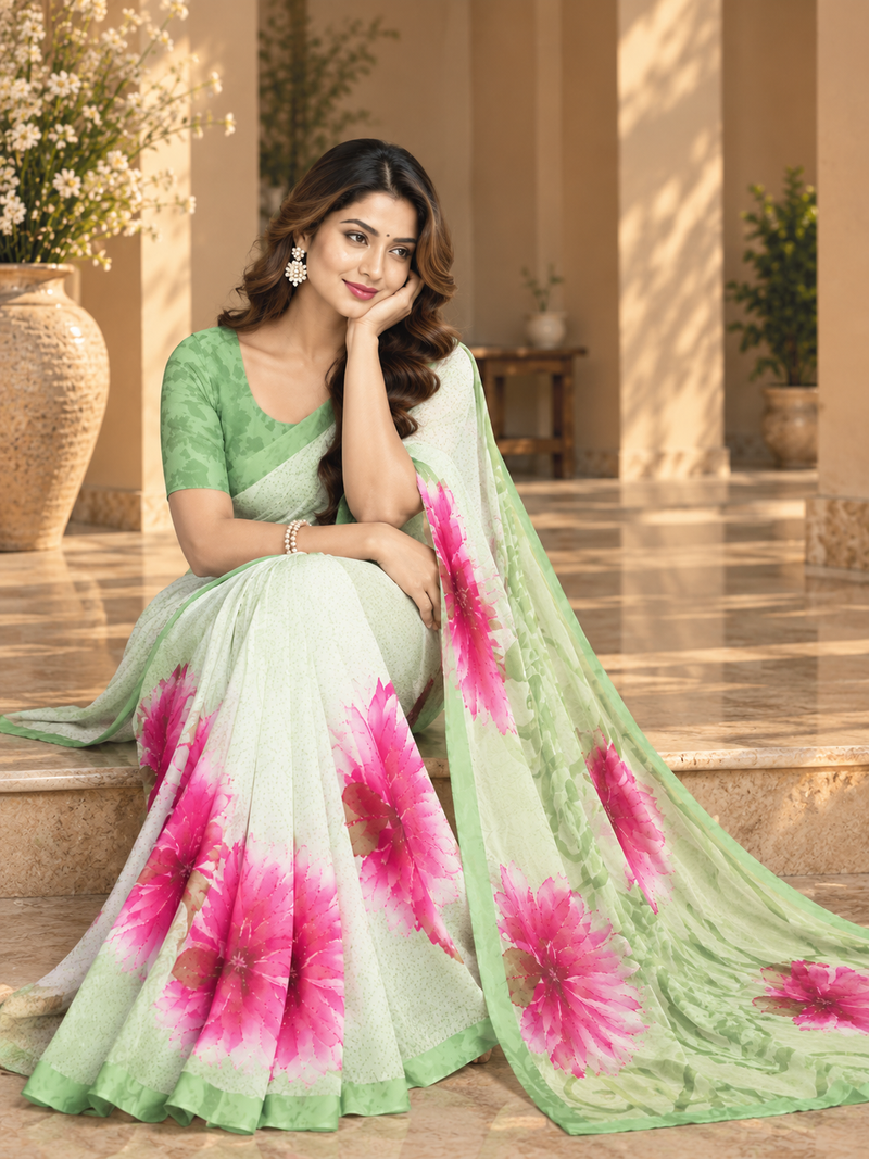 Mint Green Floral Printed Georgette Saree