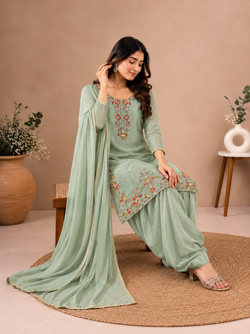 Glass Green Embroidered Farsi Salwar Suit Set