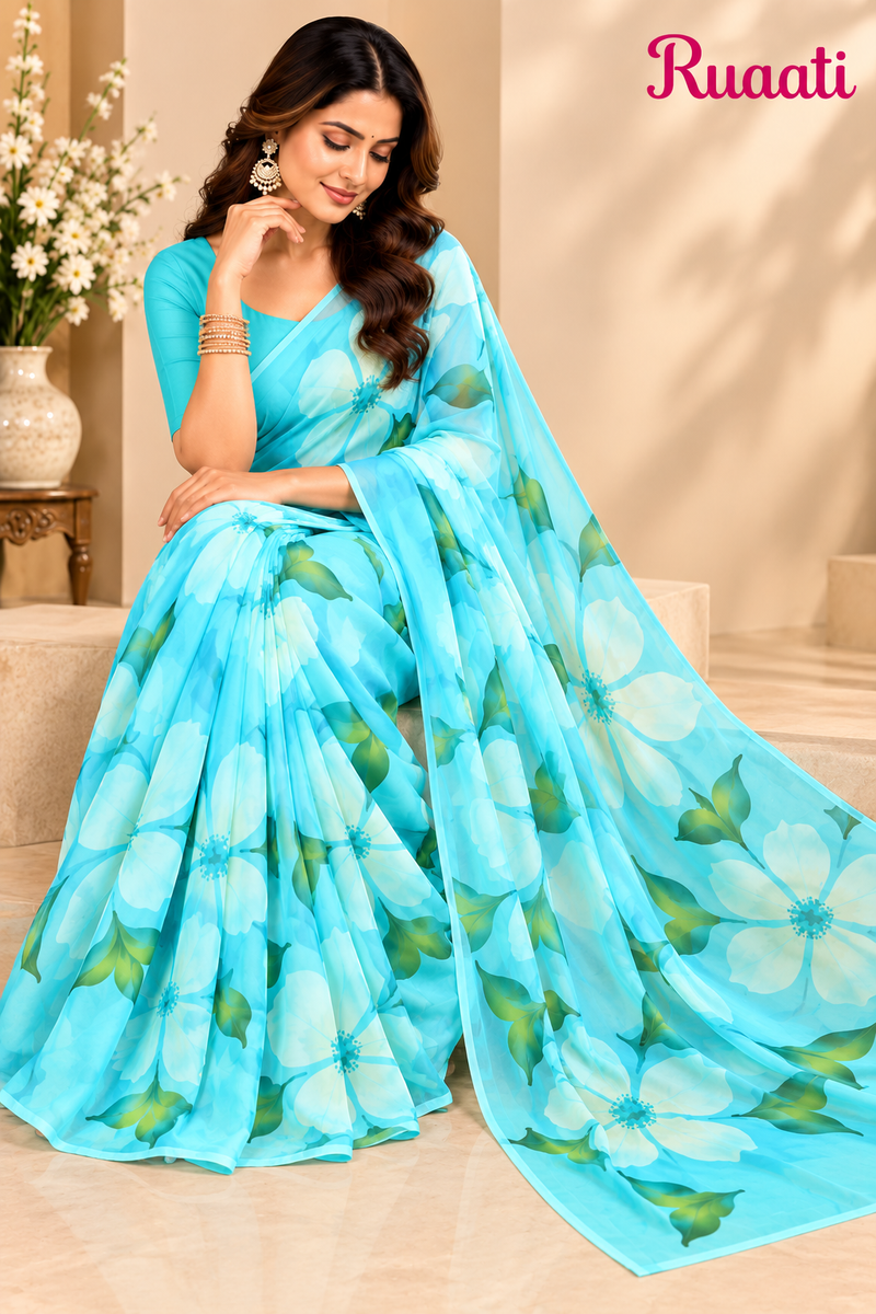 Sky Blue Floral Printed Georgette Saree for Women