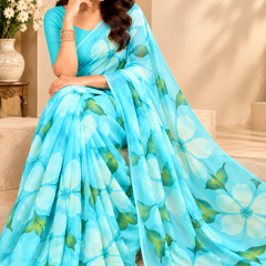 Sky Blue Floral Printed Georgette Saree for Women