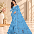 Sky Blue Floral Printed Linen Saree