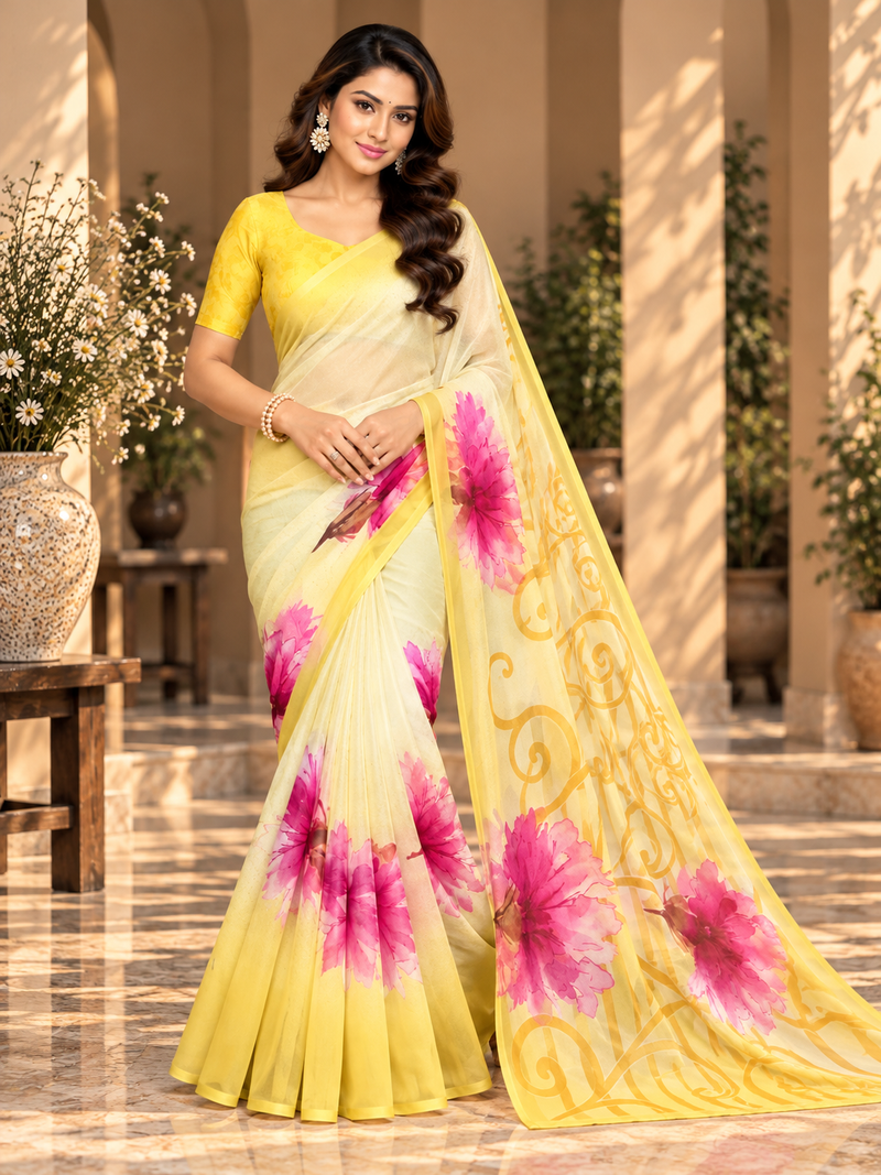 Yellow Floral Printed Georgette Saree