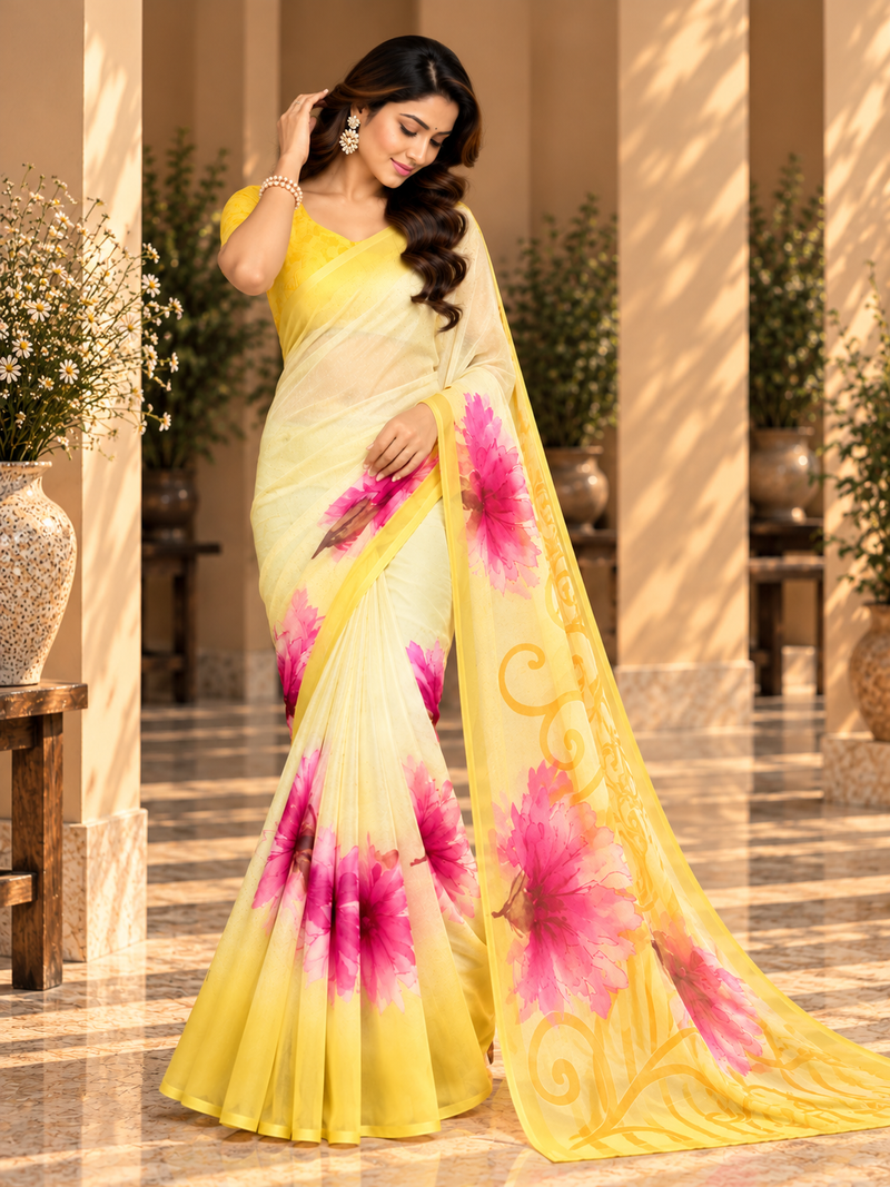 Yellow Floral Printed Georgette Saree