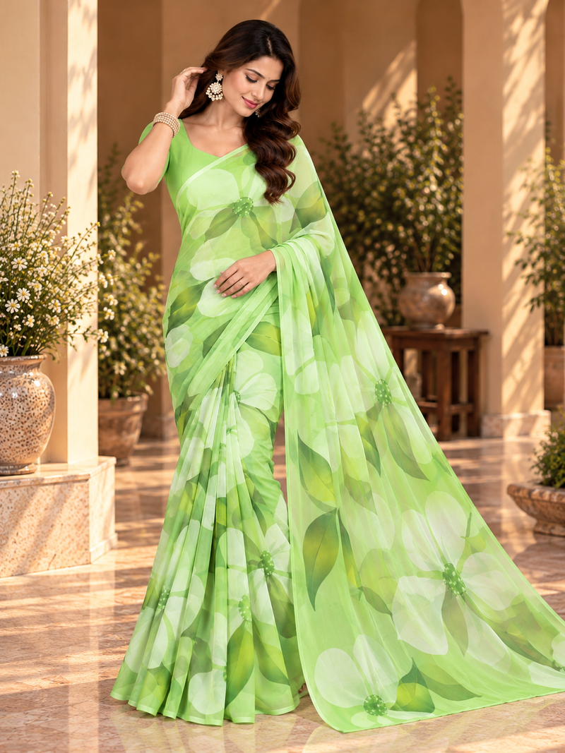 Light Green Floral Printed Georgette Saree for Women