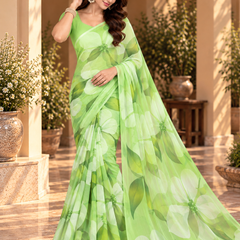 Light Green Floral Printed Georgette Saree for Women