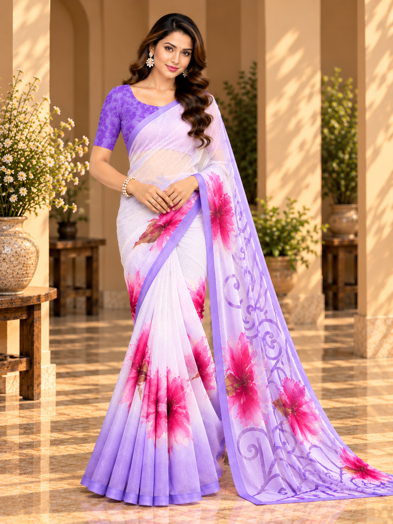 Lavender Floral Printed Georgette Saree