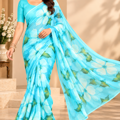 Sky Blue Floral Printed Georgette Saree for Women