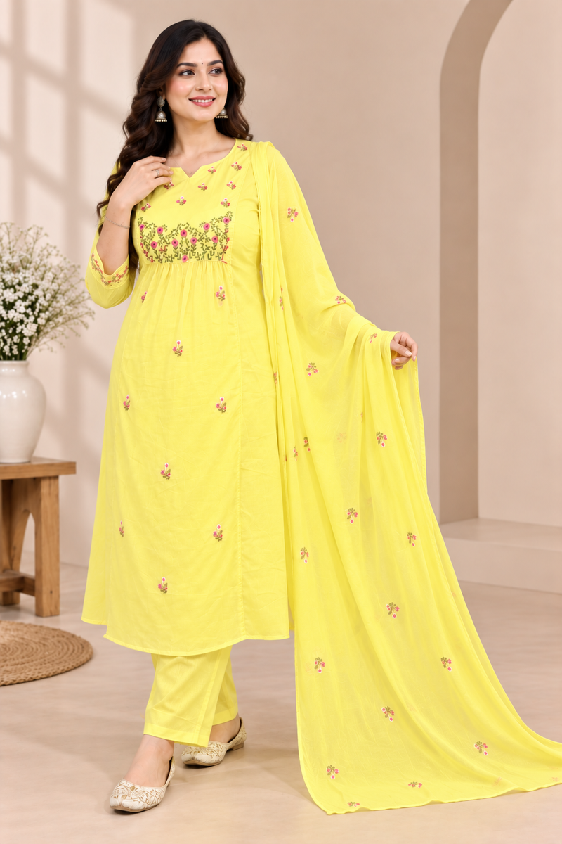 Yellow Mul Cotton Embroidered Suit Set – RUAATI