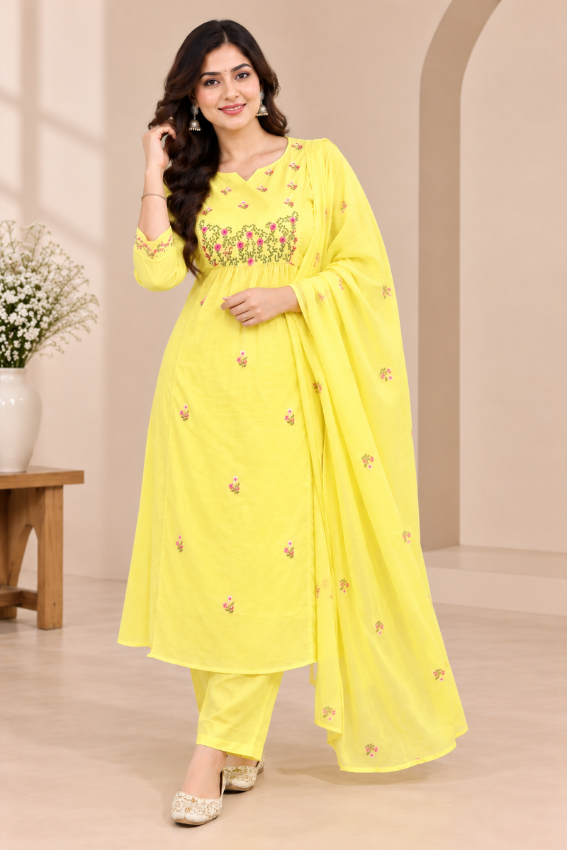 Yellow Mul Cotton Embroidered Suit Set
