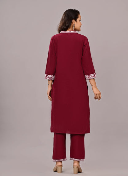Women’s Wine Embroidered Cotton Kurta Set with Straight Pants