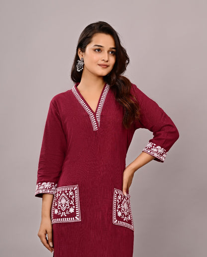 Women’s Wine Embroidered Cotton Kurta Set with Straight Pants
