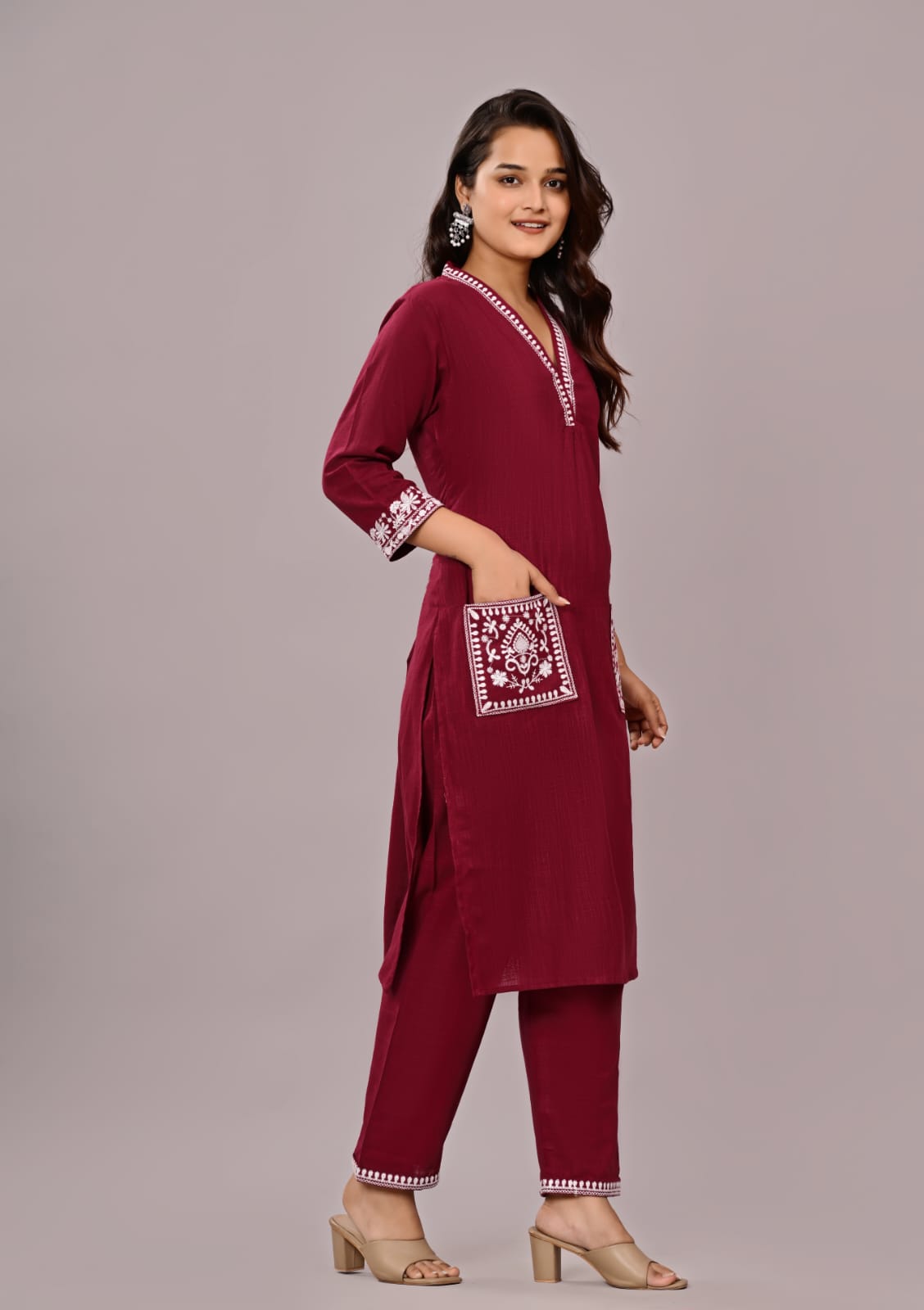Women’s Wine Embroidered Cotton Kurta Set with Straight Pants