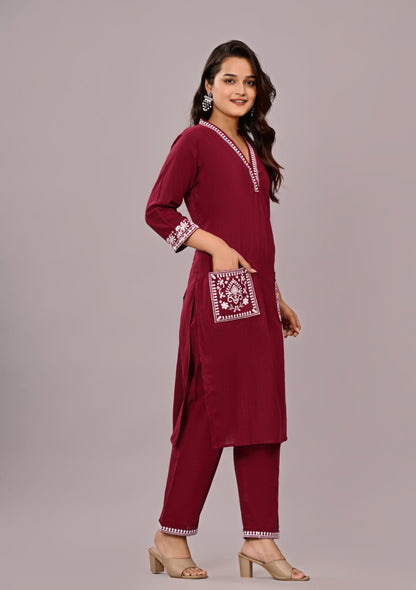 Women’s Wine Embroidered Cotton Kurta Set with Straight Pants