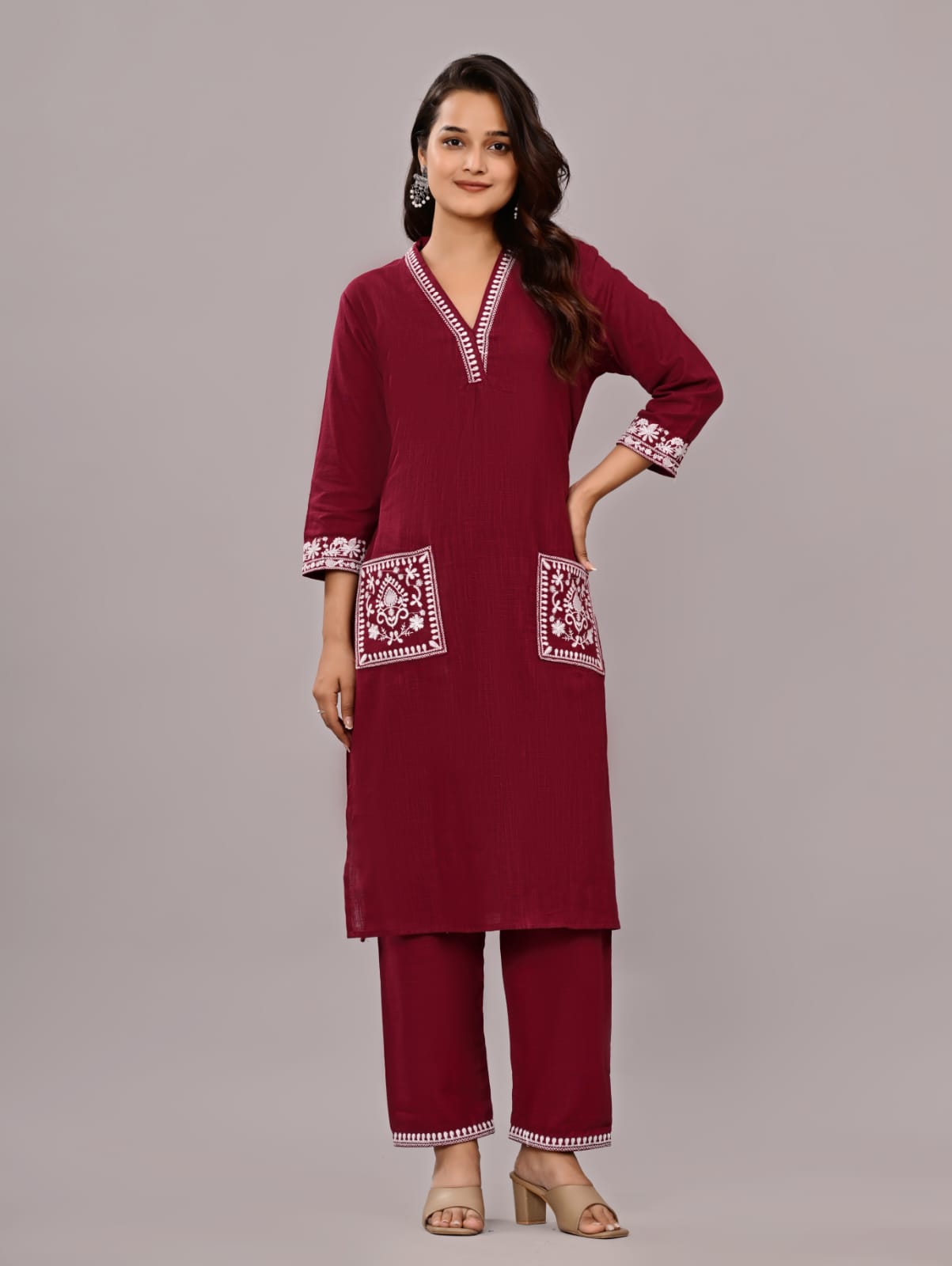 Women’s Wine Embroidered Cotton Kurta Set with Straight Pants