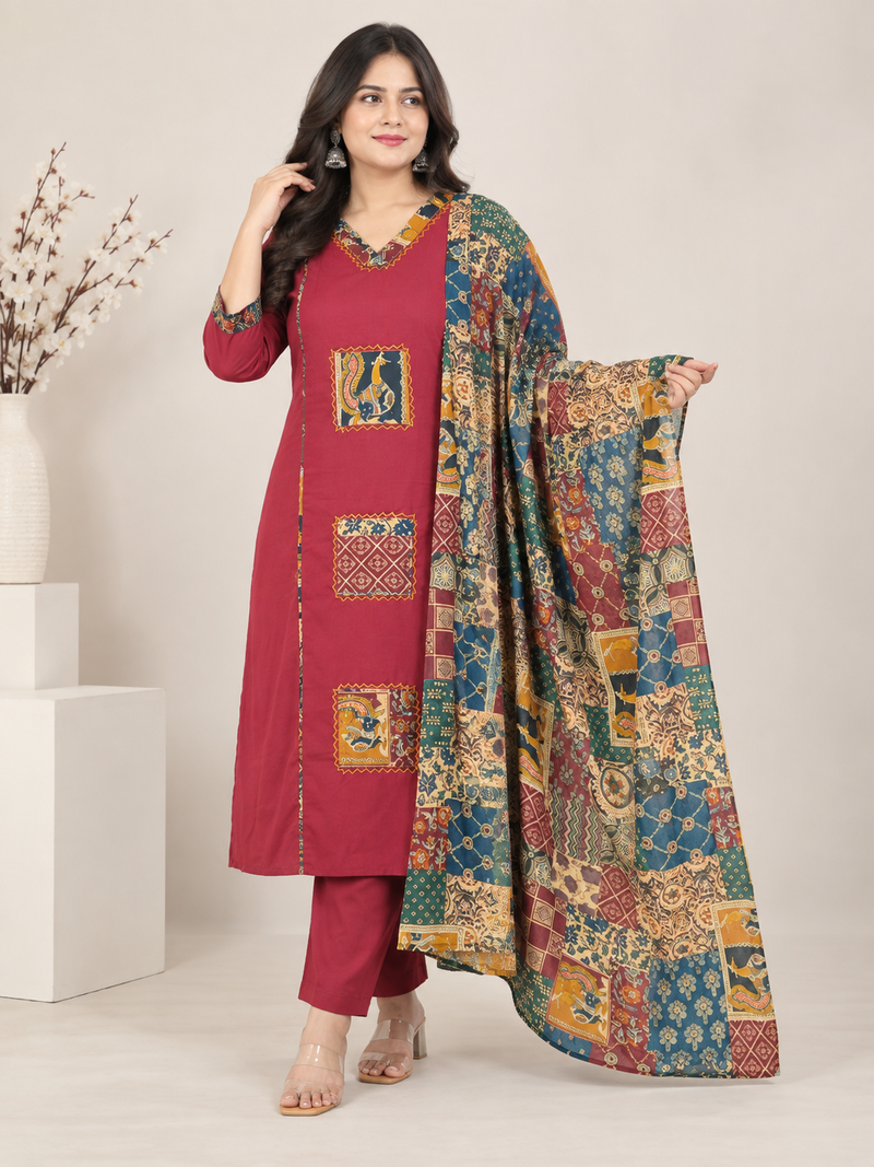 Maroon Printed Embroidered Suit Set