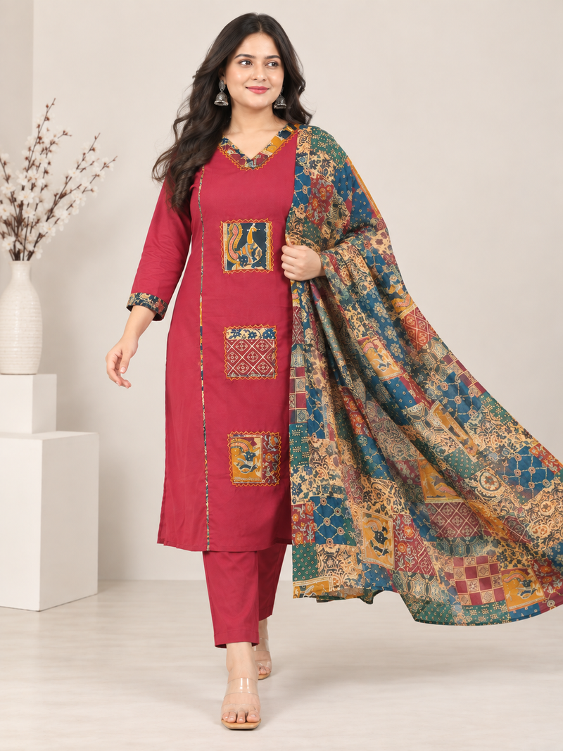 Maroon Printed Embroidered Suit Set