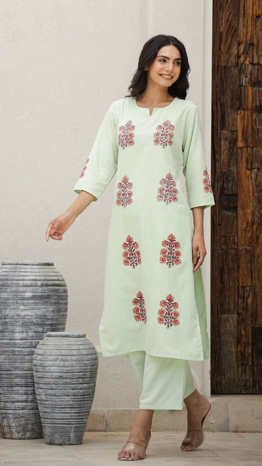 Mint Green Block Print Kurti, Top & Pant Combo Set. Cotton fabric, Super Fitting & Superior Quality Cotton Fabric