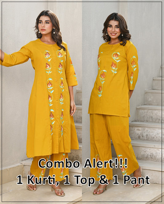 Mustard Floral mal mal Combo Set – Kurti, Top & Pant, Cotton fabric, Super Fitting & Superior Quality Cotton Fabric