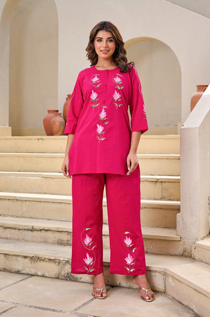 Pink Floral Kurti, Top & Pant Combo Set, Cotton fabric, Super Fitting & Superior Quality Cotton Fabric