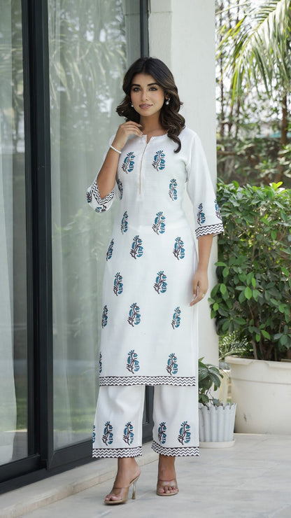 White Paisley Kurti, Top & Pant Combo Set, Supper Fitting & Superior Quality Cotton Fabric.