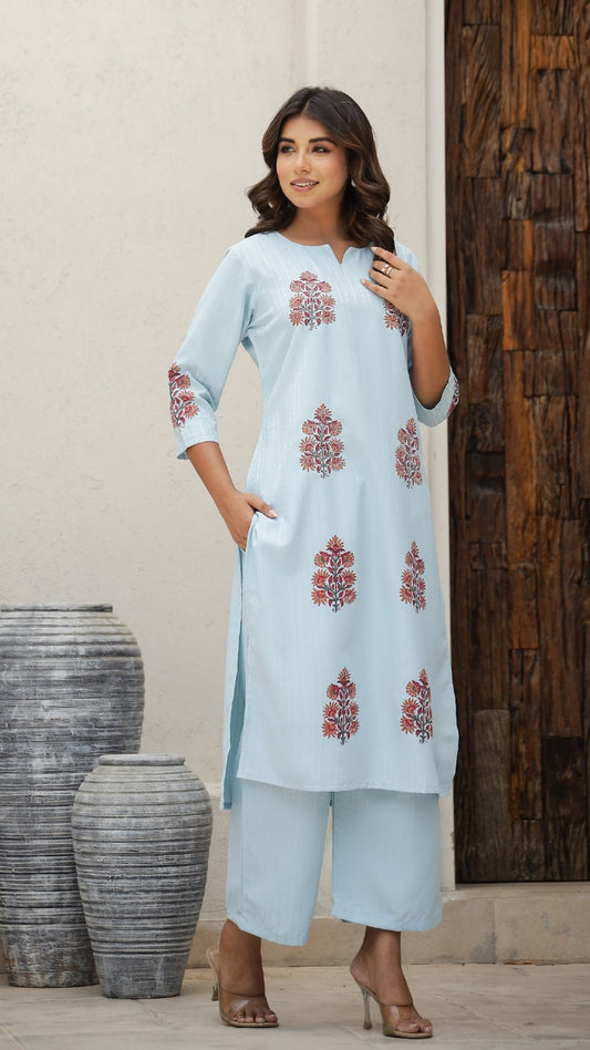 Powder Blue Block Print Kurti, Top & Pant Combo Set, Super Fitting & Superior Quality Cotton Fabric.