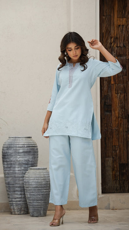 Powder Blue Block Print Kurti, Top & Pant Combo Set, Super Fitting & Superior Quality Cotton Fabric.