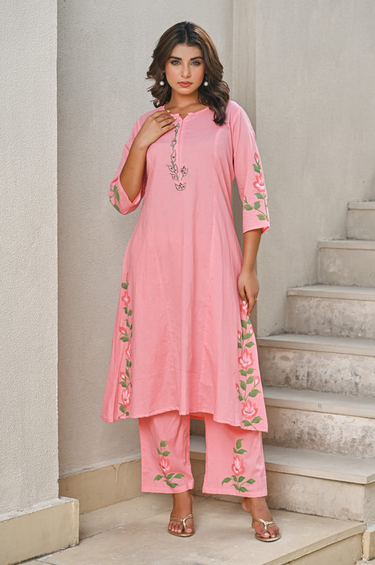 Blush Pink Floral Kurti, Top & Pant Combo Set. Cotton fabric, Supper Fitting & Superior Quality Cotton Fabric.