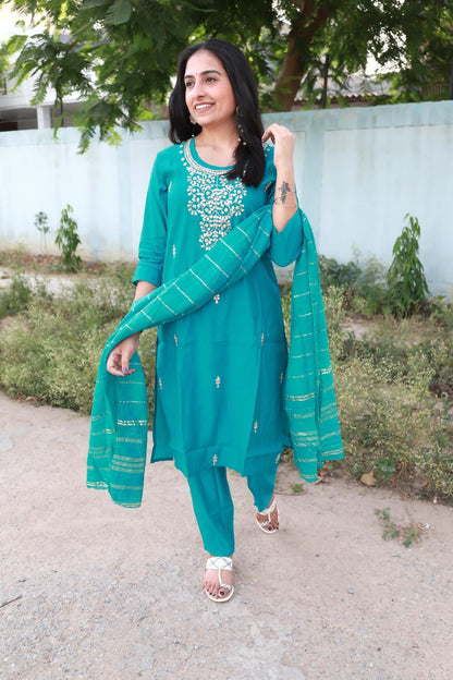 Beautiful Roman modal Silk Round Neck Kurti with Classy Comfort Pant and Chiffon Jacquard Sequence work dupatta, Beautiful Hand Heavy Gota Patti work on Kurti with Moti Work.