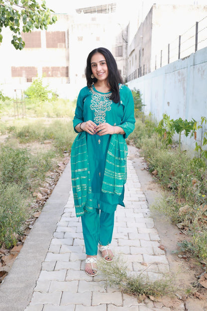 Beautiful Roman modal Silk Round Neck Kurti with Classy Comfort Pant and Chiffon Jacquard Sequence work dupatta, Beautiful Hand Heavy Gota Patti work on Kurti with Moti Work.