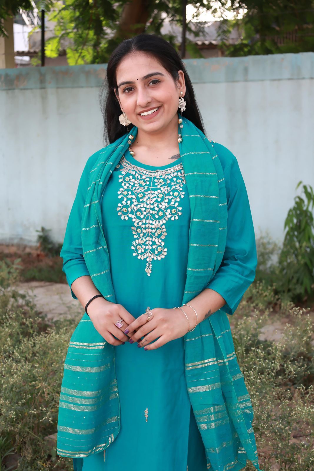 Beautiful Roman modal Silk Round Neck Kurti with Classy Comfort Pant and Chiffon Jacquard Sequence work dupatta, Beautiful Hand Heavy Gota Patti work on Kurti with Moti Work.