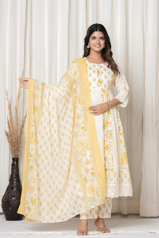 Premium White & Yellow Color Suit with Embroidery work in round Neck, Mul Pure Cotton Fabric, Anarkali & Schiffli Design Arm (Lace work) and Bottom (Lace work) 3 Pc Set. Rich Cotton Fabric.