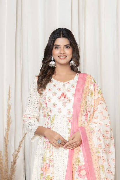 Premium White & Pink Color Suit with Embroidery work in round Neck, Mul Pure Cotton Fabric, Anarkali & Schiffli Design Arm (Lace work) and Bottom (Lace work) 3 Pc Set. Rich Cotton Fabric.