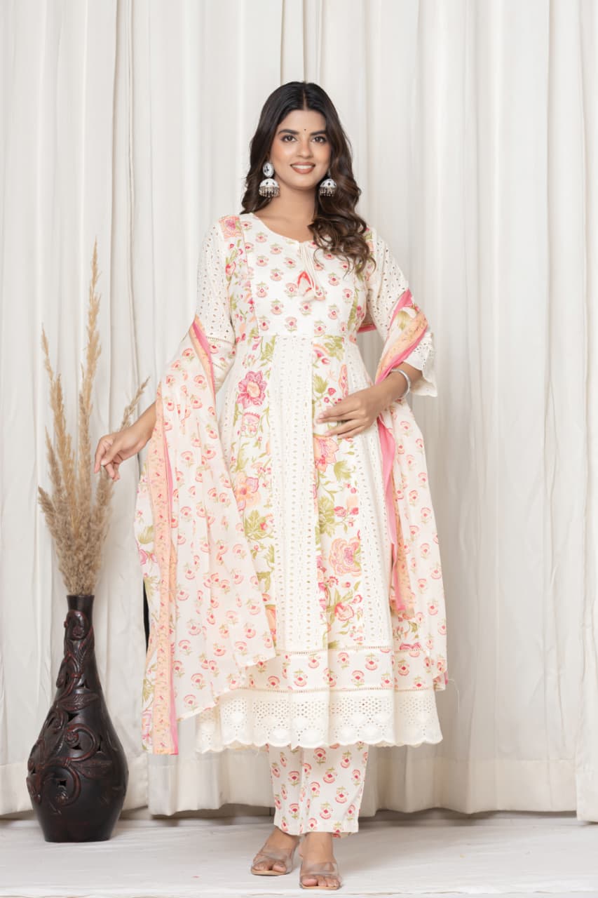 Premium White & Pink Color Suit with Embroidery work in round Neck, Mul Pure Cotton Fabric, Anarkali & Schiffli Design Arm (Lace work) and Bottom (Lace work) 3 Pc Set. Rich Cotton Fabric.