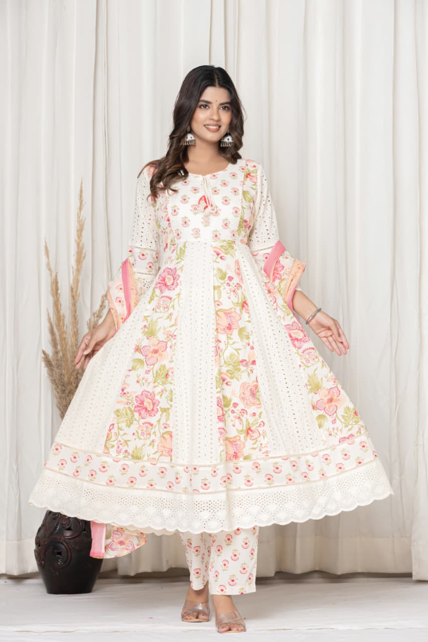 Premium White & Pink Color Suit with Embroidery work in round Neck, Mul Pure Cotton Fabric, Anarkali & Schiffli Design Arm (Lace work) and Bottom (Lace work) 3 Pc Set. Rich Cotton Fabric.