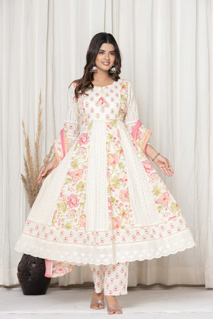 Premium White & Pink Color Suit with Embroidery work in round Neck, Mul Pure Cotton Fabric, Anarkali & Schiffli Design Arm (Lace work) and Bottom (Lace work) 3 Pc Set. Rich Cotton Fabric.