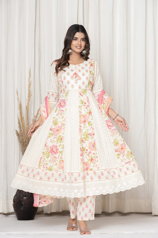 Premium White & Pink Color Suit with Embroidery work in round Neck, Mul Pure Cotton Fabric, Anarkali & Schiffli Design Arm (Lace work) and Bottom (Lace work) 3 Pc Set. Rich Cotton Fabric.