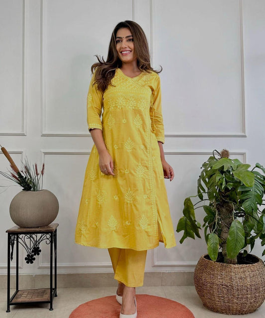 Heavy Chicken Kari Embroidery, Yellow Color with Matching Cotton Thread; Beautiful Suit 3 PC Set.