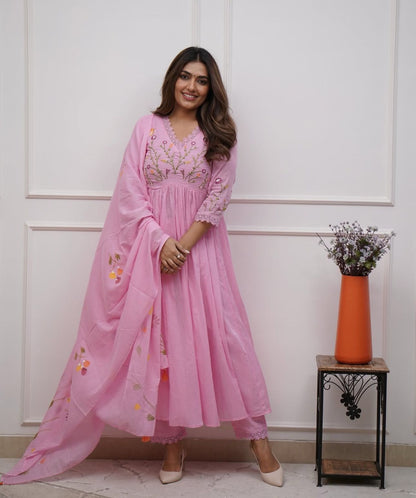 Beautiful Collection Flare Kurta Style, high-Quality Cotton Fabric, 3 Pc Set.