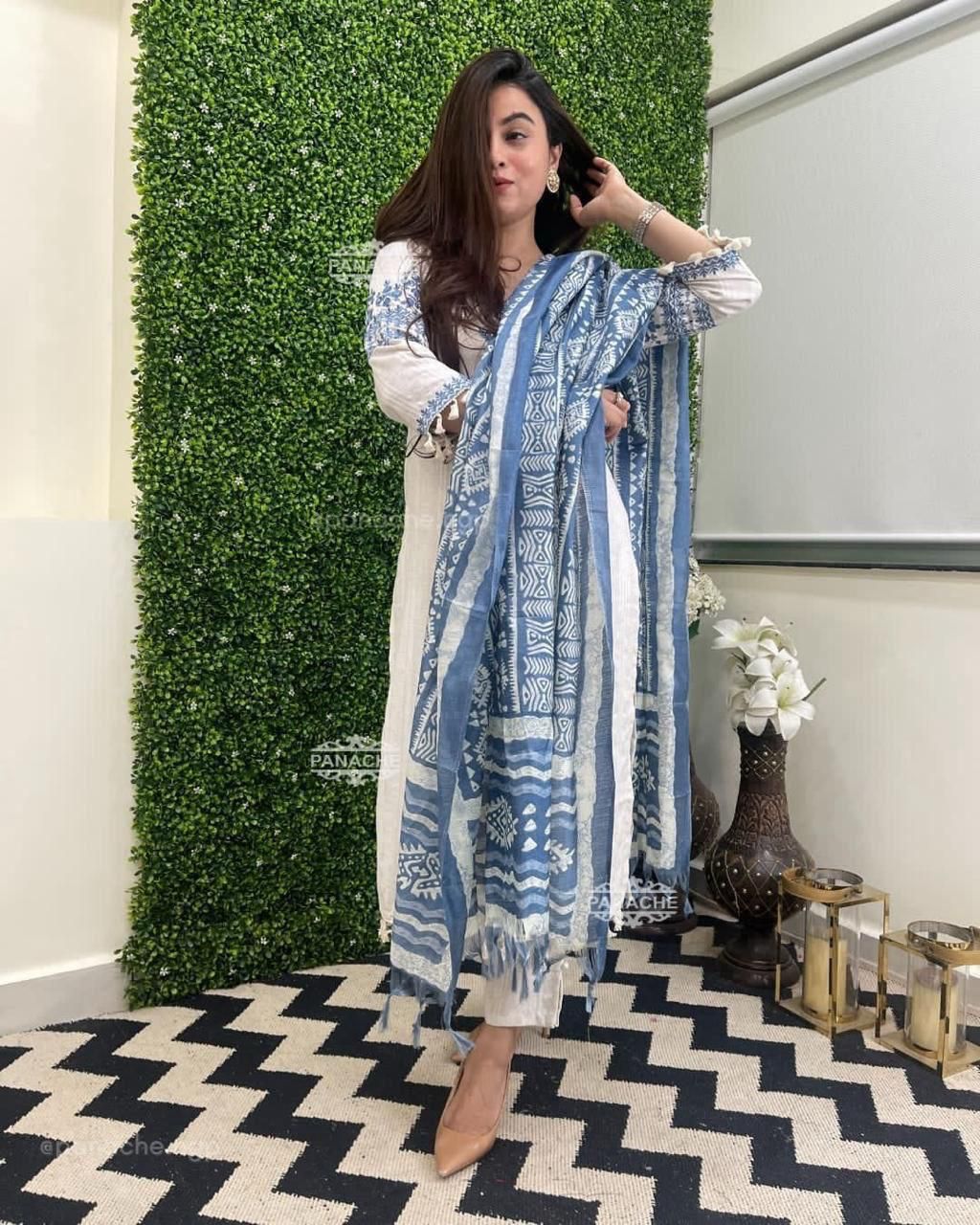 Ethnic Heavy Cotton Katha Work  and Embroidery Cotton 3-Pc. Suit Set with V Neck.